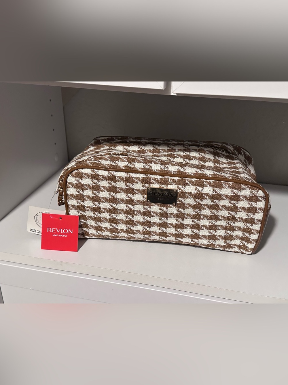 Revlon NWT Brown Ivory Houndstooth Dual Zip Cosmetic Toiletry Bag